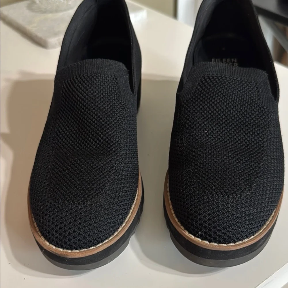 Eileen Fisher Black Knit Wedge Slip-On Loafers